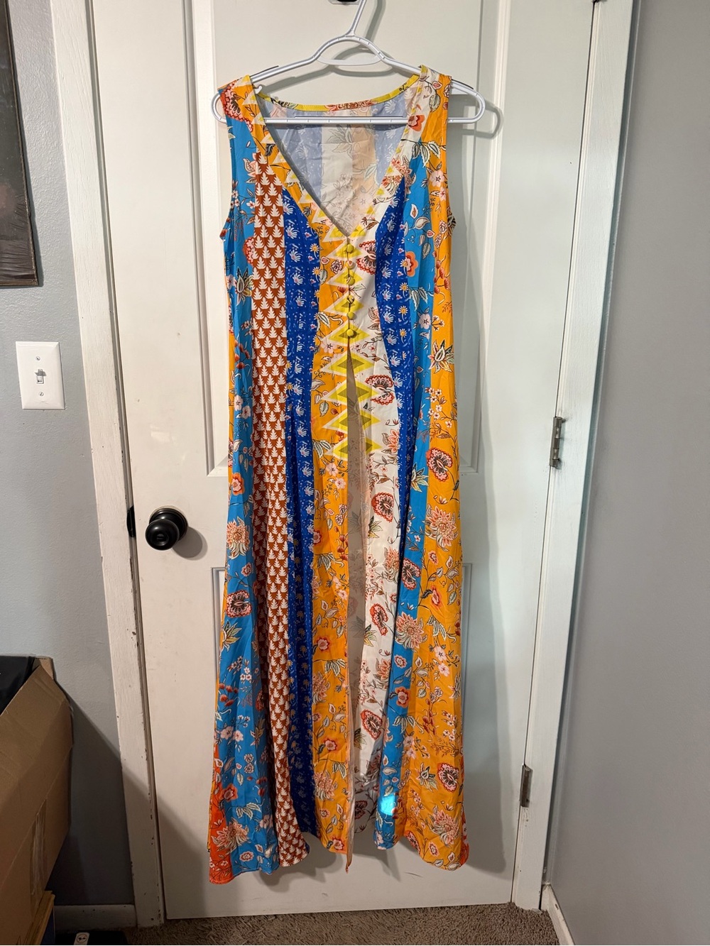 Sleeveless V-Neck Patchwork Maxi Dress - Yellow & Blue